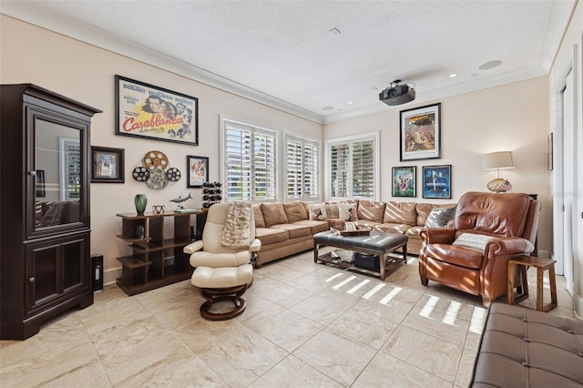 living room with a textured ceiling and crown molding