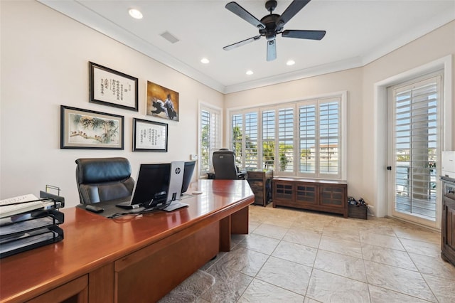 office area featuring ornamental molding and ceiling fan