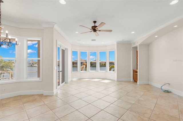 6015 Kipps Colony Dr E, Gulfport, FL 33707 - empty room featuring recessed lighting, light tile patterned flooring, a water view, a chandelier, and a ceiling fan