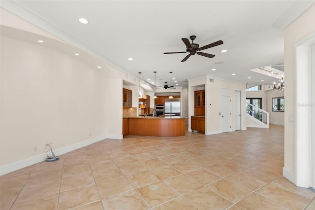6015 Kipps Colony Dr E, Gulfport, FL 33707 - unfurnished living room featuring recessed lighting, light tile patterned floors, ceiling fan, and a chandelier