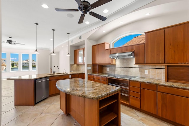 6015 Kipps Colony Dr E, Gulfport, FL 33707 - kitchen featuring stainless steel dishwasher, a ceiling fan, under cabinet range hood, black electric stovetop, and a peninsula