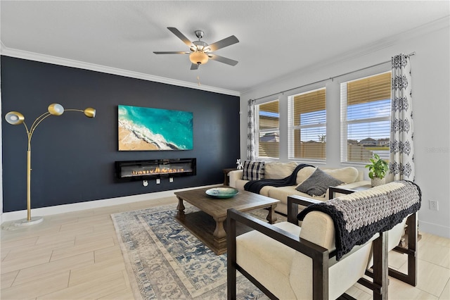 living room featuring crown molding and ceiling fan