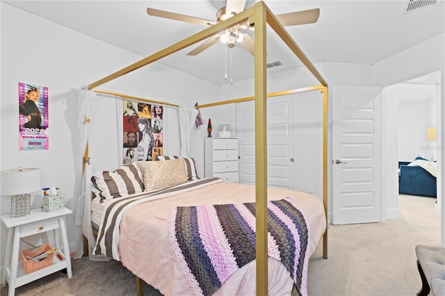 bedroom featuring carpet flooring and ceiling fan