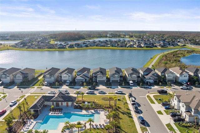 drone / aerial view featuring a water view