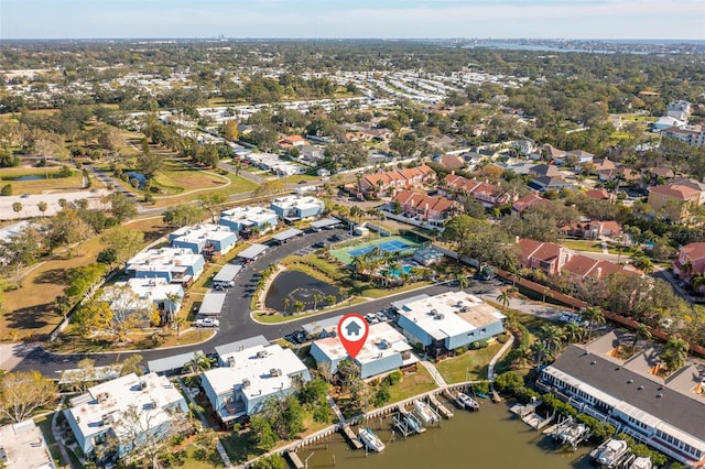 bird's eye view with a water view