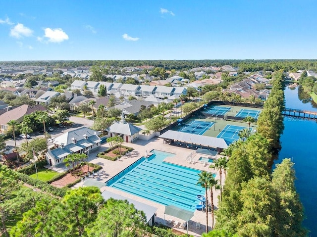 drone / aerial view with a water view