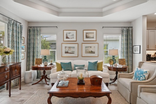 living room featuring ornamental molding, light hardwood / wood-style floors, and a tray ceiling