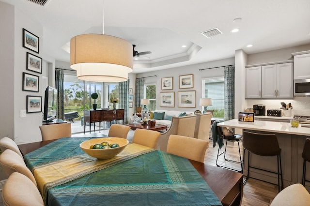 dining area featuring ceiling fan, a wealth of natural light, a tray ceiling, and dark hardwood / wood-style flooring