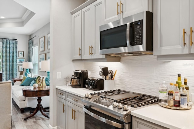 kitchen featuring tasteful backsplash, appliances with stainless steel finishes, crown molding, and a raised ceiling