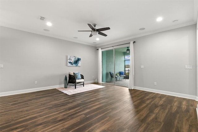 unfurnished room featuring dark hardwood / wood-style flooring, crown molding, and ceiling fan