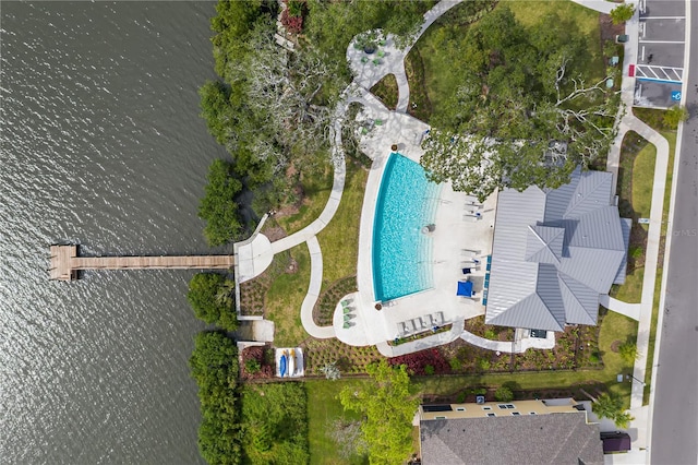 birds eye view of property featuring a water view