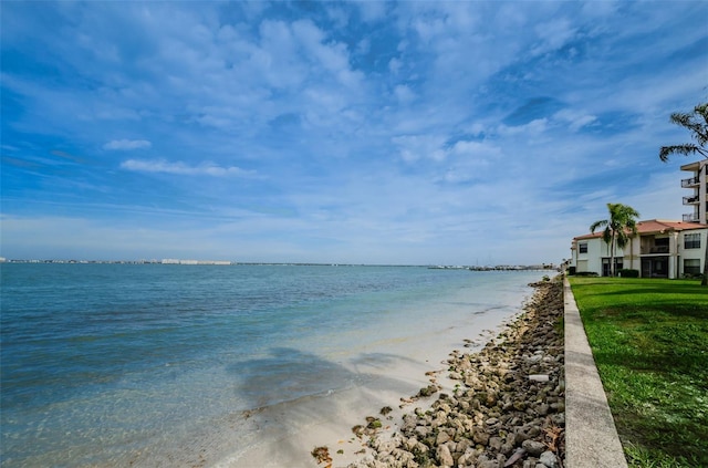 view of water feature with a beach view