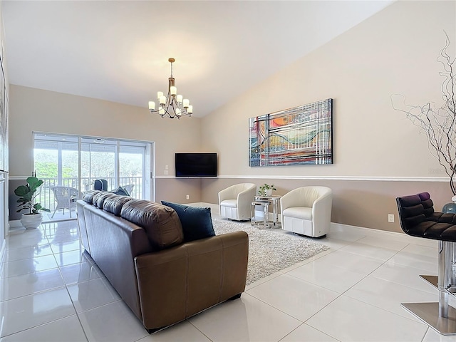 tiled living room with lofted ceiling and a chandelier