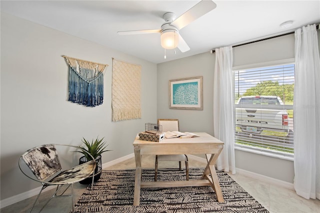 home office with ceiling fan and a healthy amount of sunlight