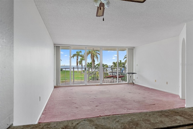 carpeted spare room with ceiling fan, expansive windows, and a textured ceiling