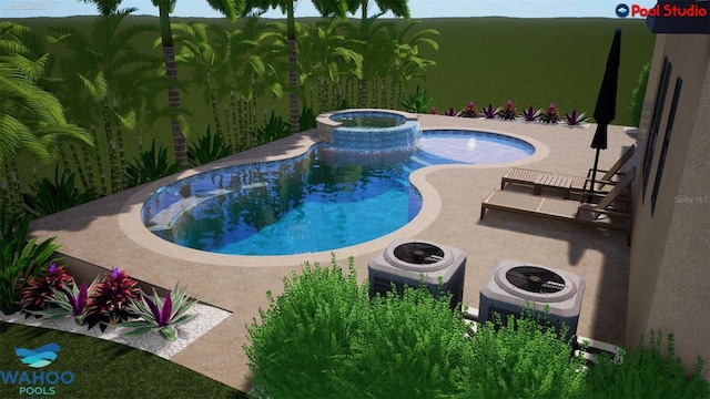 view of swimming pool featuring an in ground hot tub and a patio