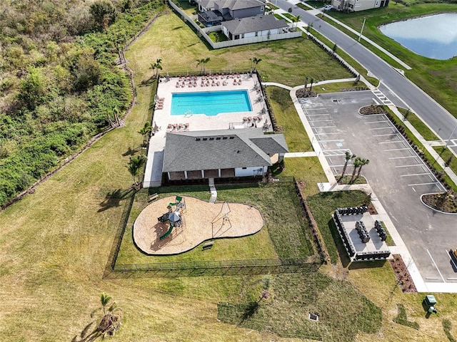 drone / aerial view featuring a water view