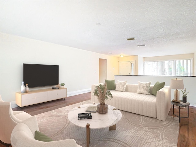 living room featuring hardwood / wood-style floors and a textured ceiling