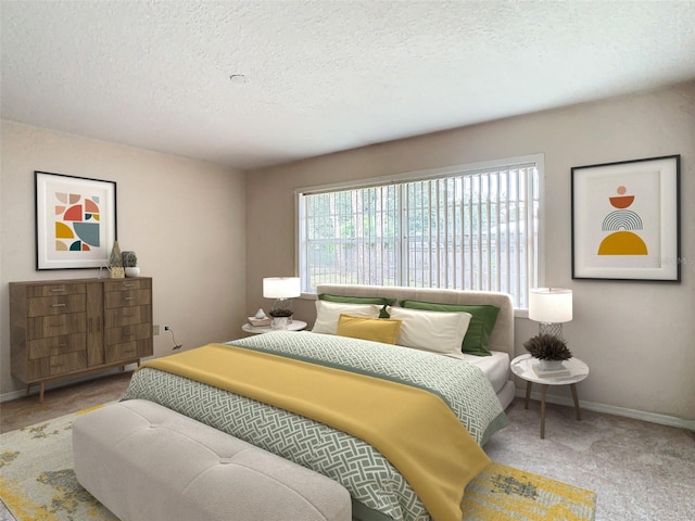 carpeted bedroom featuring a textured ceiling