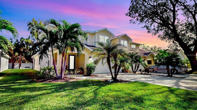 view of front facade featuring a lawn and a garage