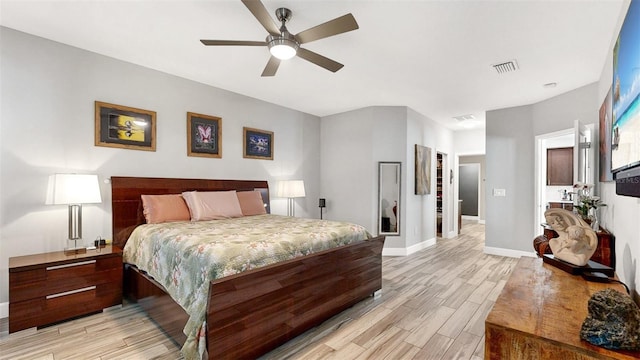 bedroom featuring ceiling fan and light wood-type flooring