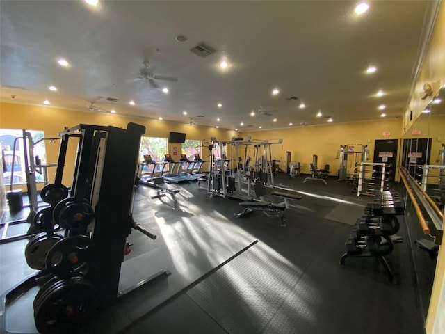 gym featuring ceiling fan