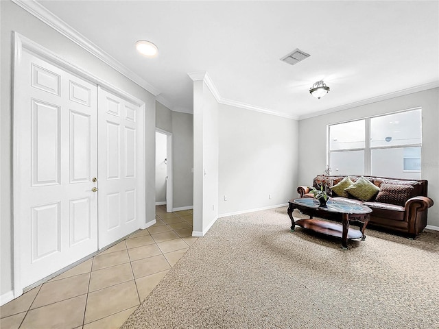 living room with light tile patterned floors and crown molding