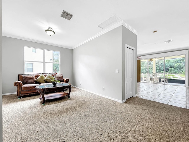 carpeted living room featuring crown molding