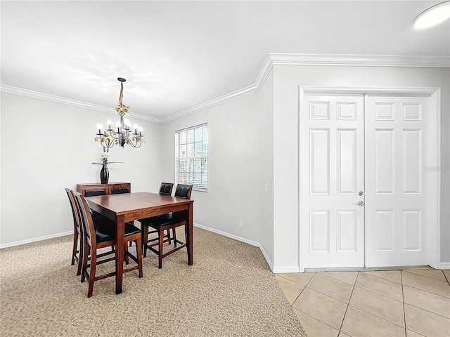 carpeted dining area featuring a notable chandelier and ornamental molding