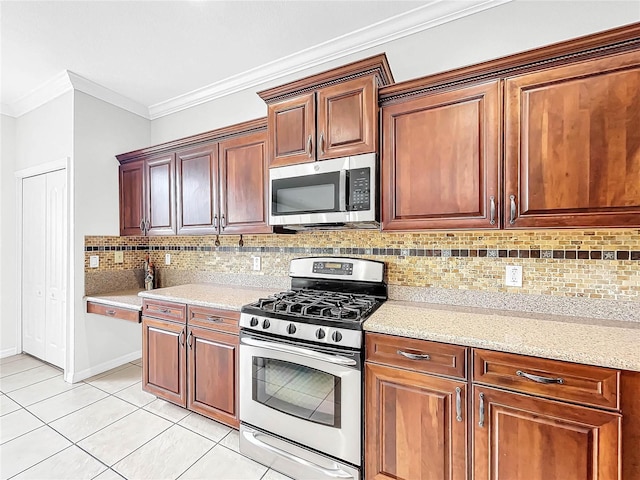 kitchen featuring stainless steel appliances, light stone counters, backsplash, crown molding, and light tile patterned floors