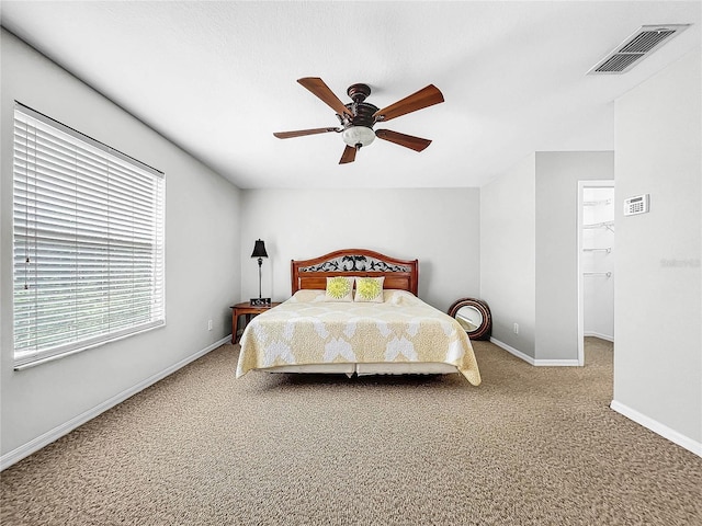 bedroom with carpet flooring, ceiling fan, and a spacious closet