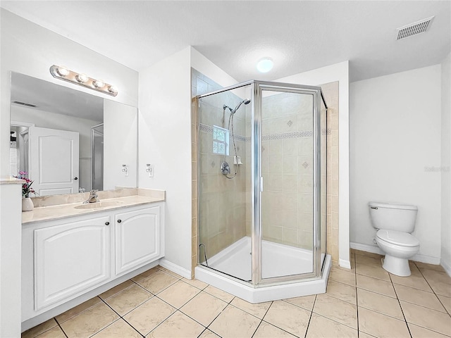 bathroom featuring tile patterned floors, vanity, toilet, and walk in shower