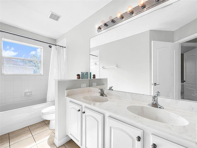 full bathroom with tile patterned flooring, vanity, toilet, and shower / tub combo with curtain