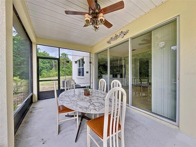 sunroom / solarium featuring ceiling fan and wood ceiling