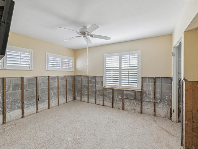 basement with ceiling fan