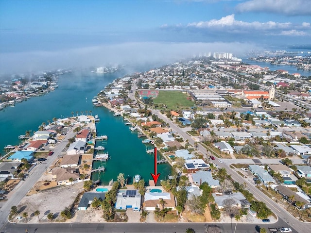 drone / aerial view featuring a water view