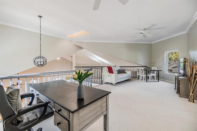 home office with ceiling fan, light colored carpet, crown molding, and a skylight