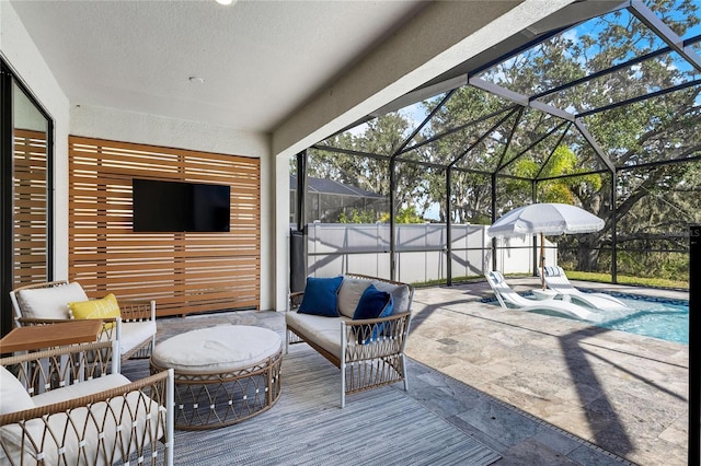 exterior space featuring an outdoor living space, a fenced in pool, and glass enclosure