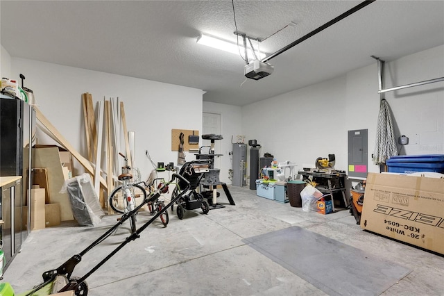 garage with electric panel and a garage door opener