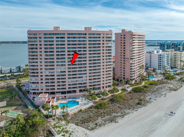 view of building exterior featuring a water view