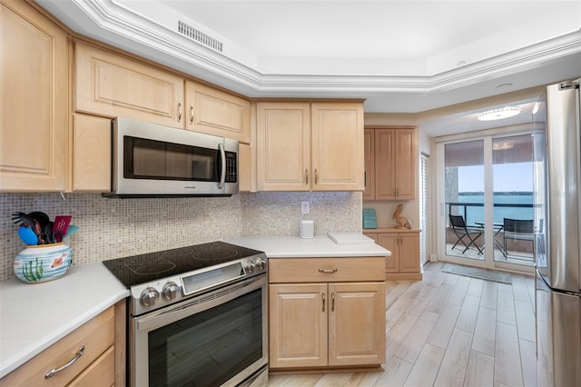 kitchen featuring a water view, decorative backsplash, light brown cabinetry, a tray ceiling, and stainless steel appliances