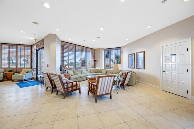 living room featuring light tile patterned flooring