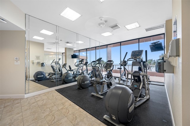 workout area with expansive windows, a healthy amount of sunlight, and ceiling fan