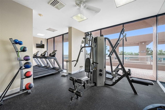 workout area featuring ceiling fan