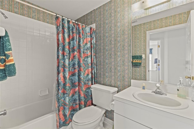 full bathroom with vanity, toilet, and shower / bath combo with shower curtain