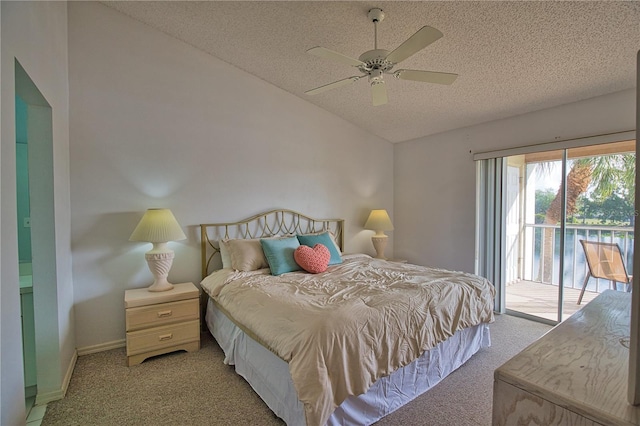 201 Silver Lake Dr Unit 204, Venice, FL 34292 - bedroom featuring access to outside, a textured ceiling, lofted ceiling, and light carpet