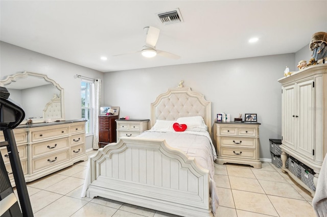 bedroom featuring ceiling fan and light tile patterned flooring