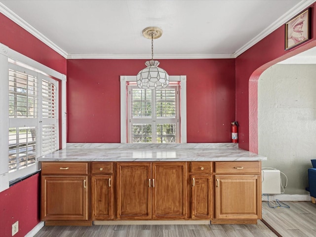 kitchen with crown molding, light hardwood / wood-style floors, and decorative light fixtures