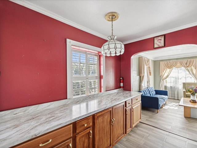 kitchen featuring light hardwood / wood-style floors, crown molding, and hanging light fixtures