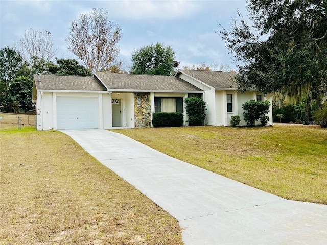 single story home featuring a front lawn, roof with shingles, stucco siding, driveway, and an attached garage